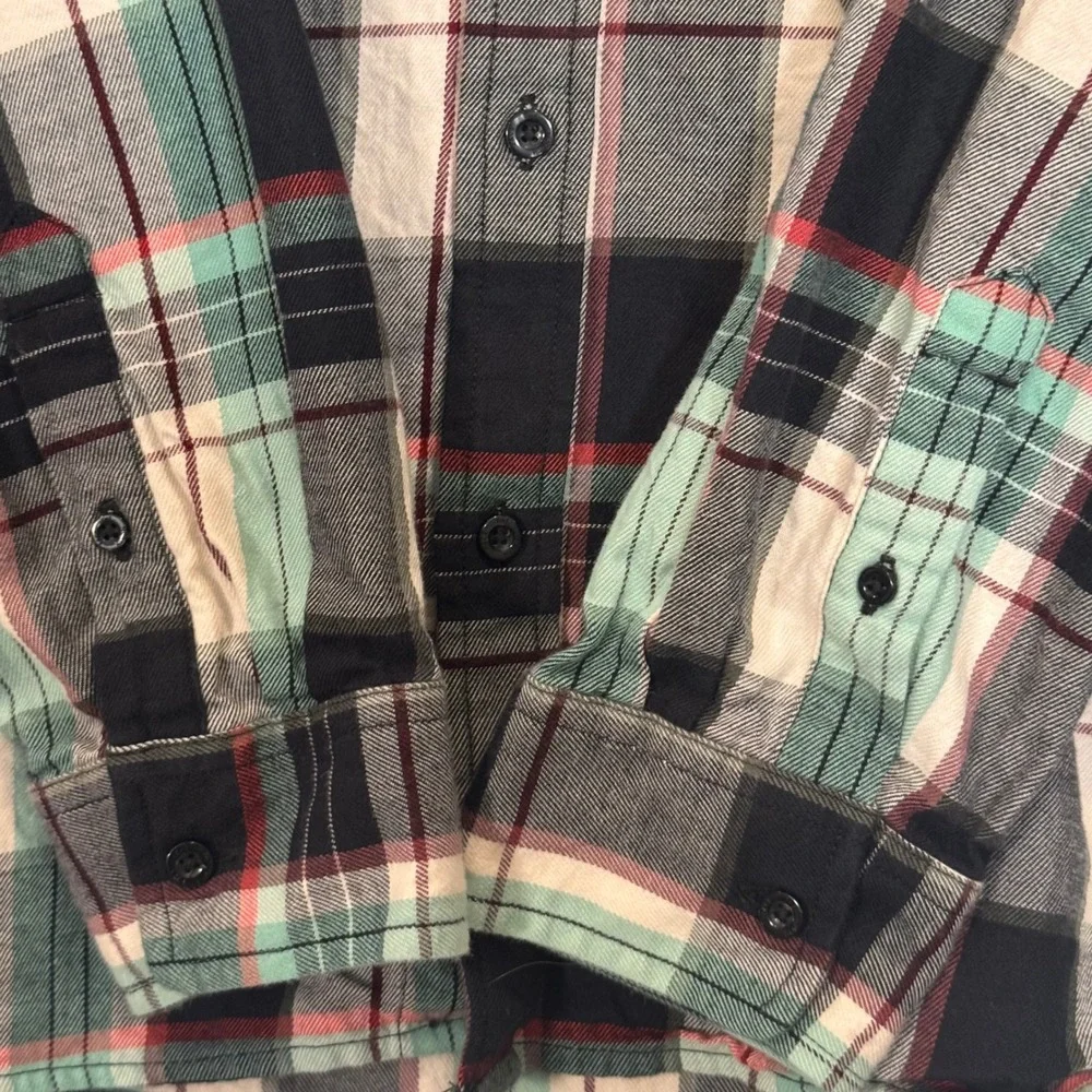 The North Face Black White Teal Plaid Flannel Button Down Shirt XL